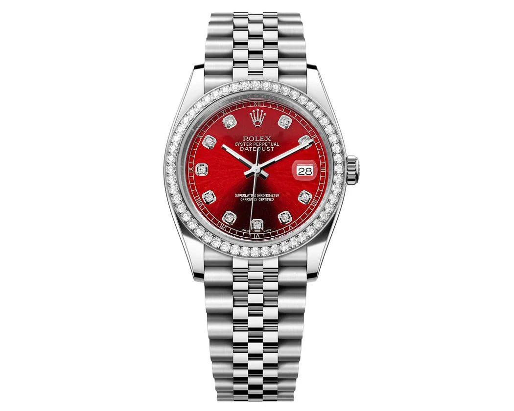 ROLEX DATEJUST 36MM JUBILEE-RED DIAL-DIAMOND BEZEL 1.50CT