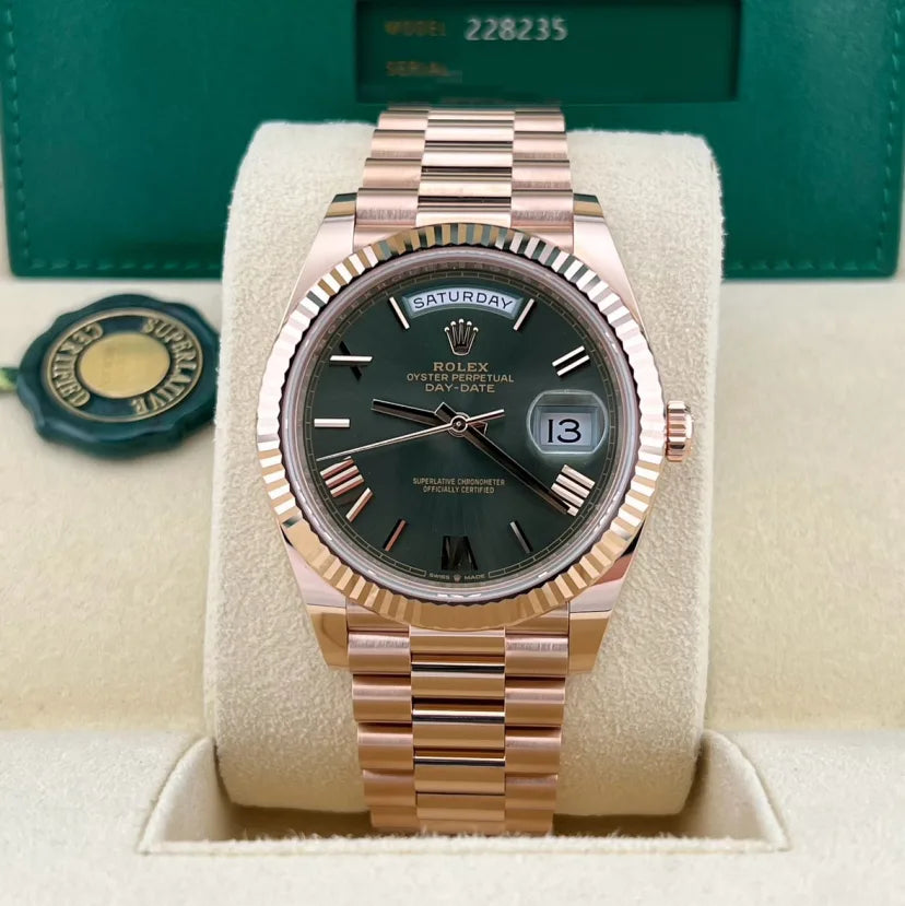 2025 Rolex Day-Date 40 Rose Gold / Fluted / Olive-Green / Roman / President
